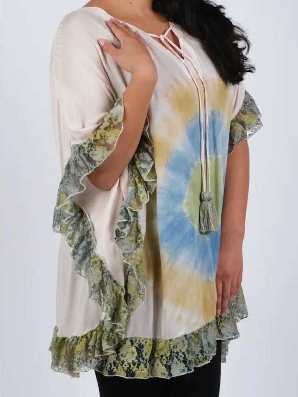 Sacred Threads Cream Tie-Dye Ruffle Sleeve Tunic with Sage Accents